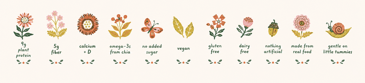 goodness shakes food and nutrition benefits such as plant protein, 5g fiber, calcium + D, omega-3 from flax, no added sugar, vegan, gluten free, dairy free, nothing artificial, made from real food, and gentle on little tummies.